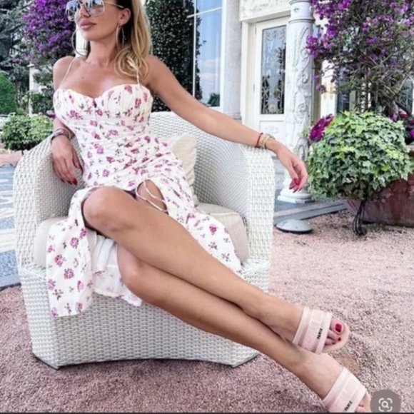 ZARA LINEN FLORAL BUSTIER EYELET SMOCKED BACK FULLY LINED MIDI DRESS - Picture 6 of 14